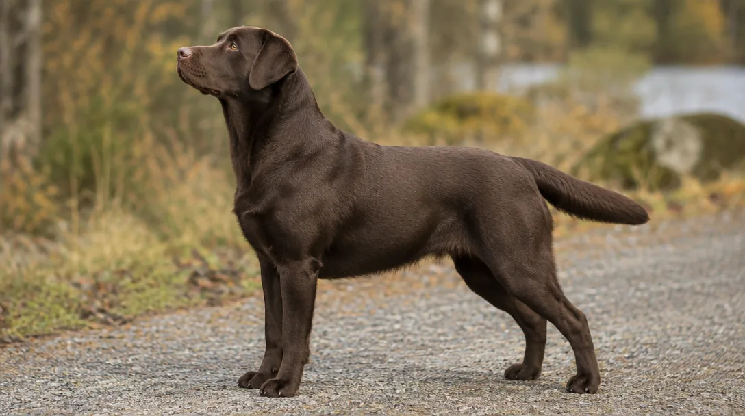 En välbyggd choklad-labrador står i utställningsposition på en grusgång i naturligt dagsljus.