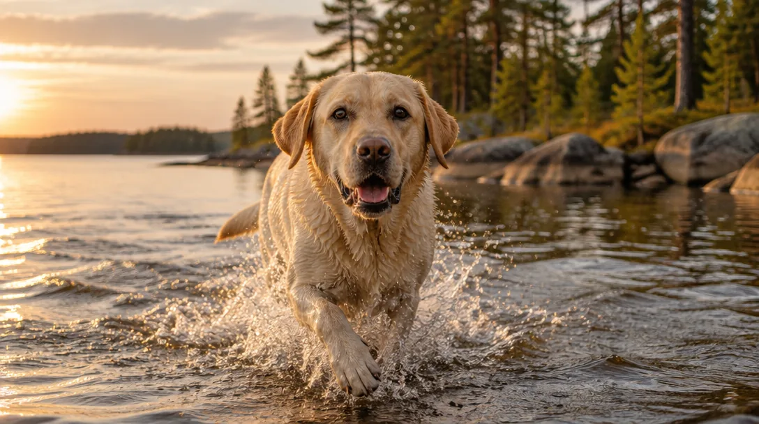 Gul labrador retriever som springer genom grunt vatten i motljus