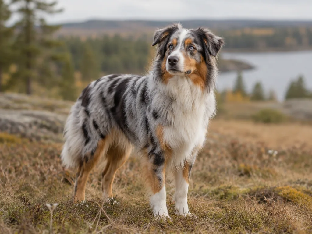 Blue merle australian shepherd i språng på en äng