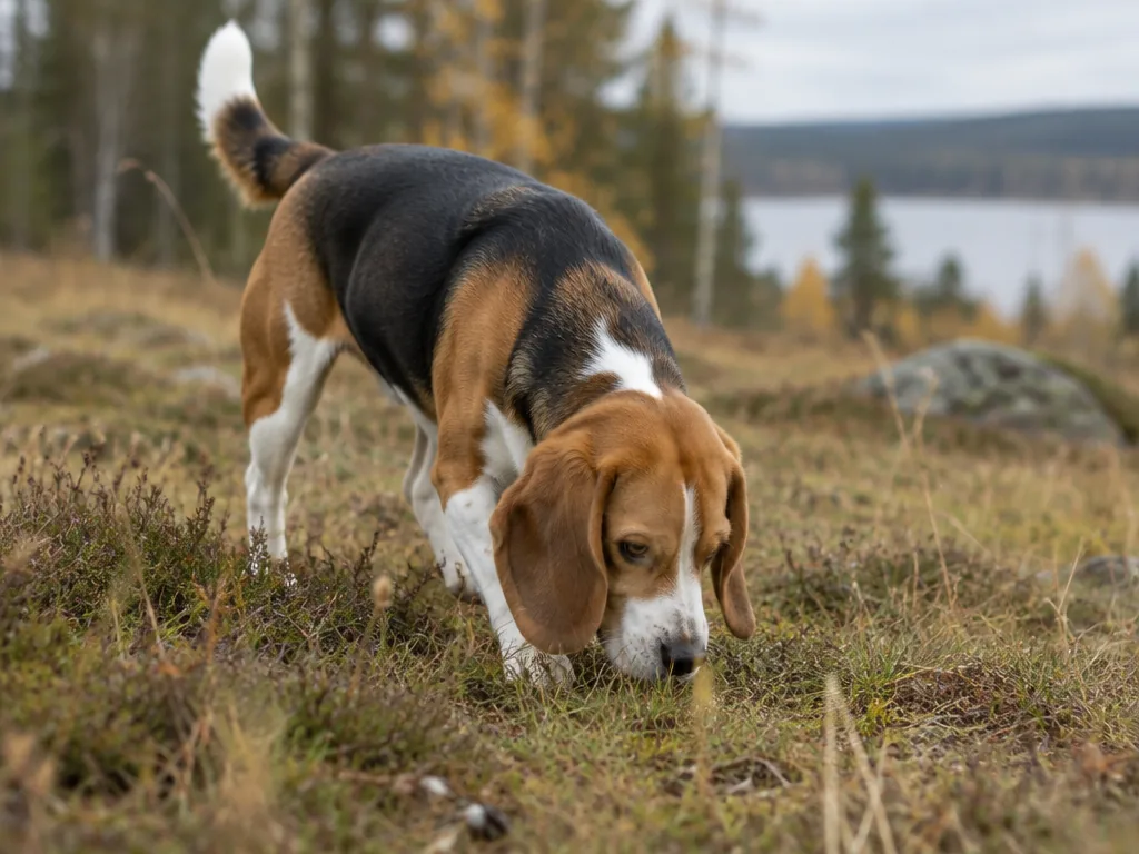 Tricolor beagle med nosen i marken på en äng