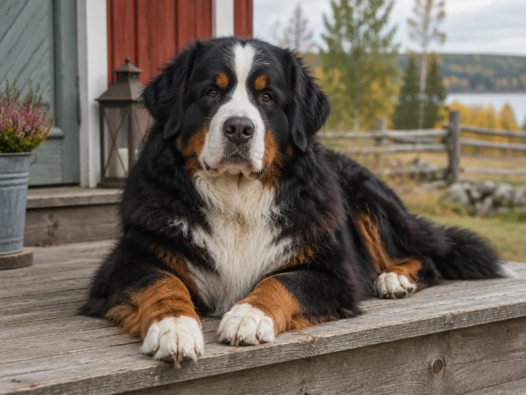 Berner sennenhund i tricolor liggandes i gräs med tungan ute