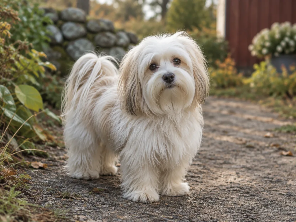 Ljus bichon havanais med lång, lockig päls som springer glatt i gräs