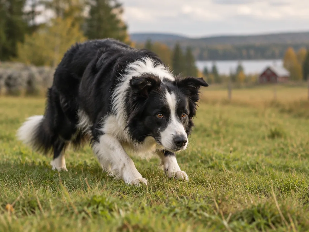 Svart och vit border collie i fullt språng på en äng