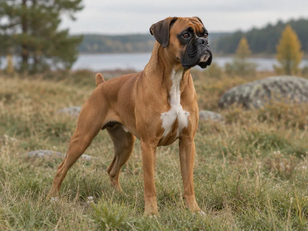 Gulbrun boxer i lekfull ställning med öronen på helspänn