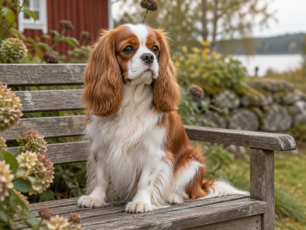 Cavalier king charles spaniel i blenheim-färg ligger i en soffa