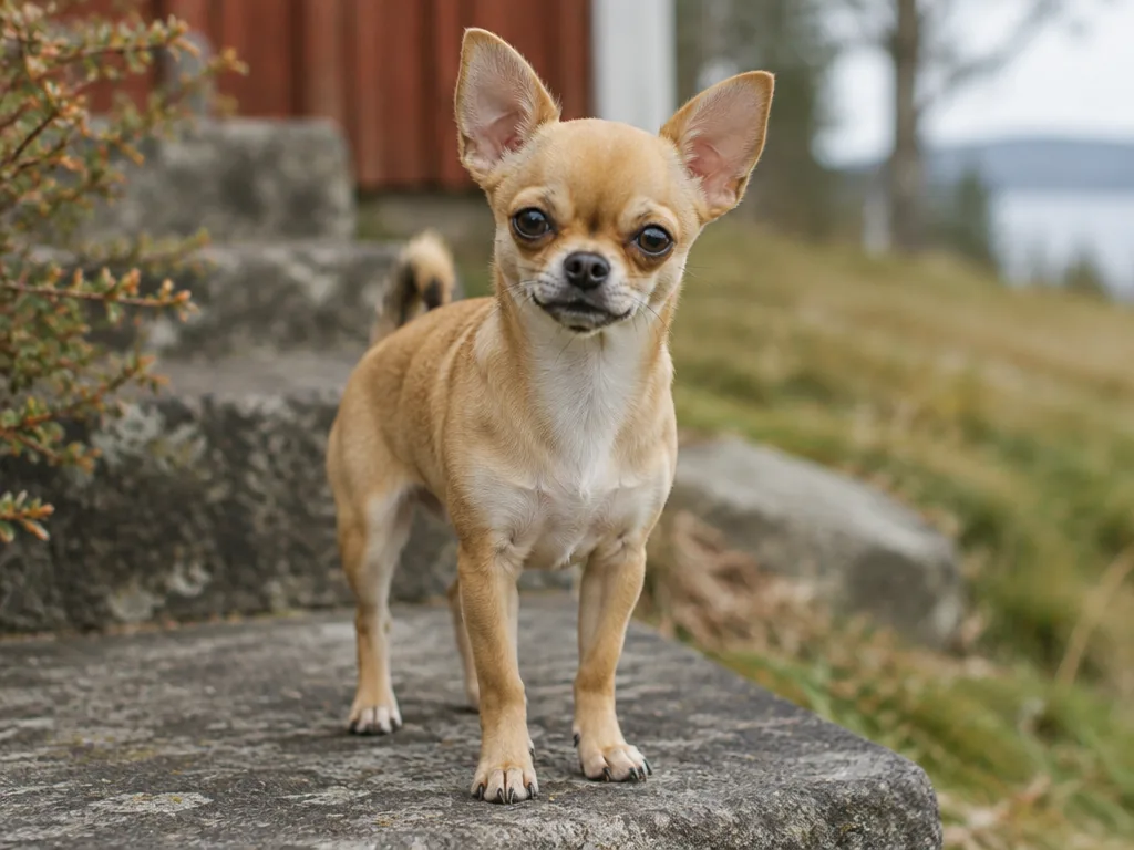 Liten korthårig chihuahua sitter uppmärksamt på en filt