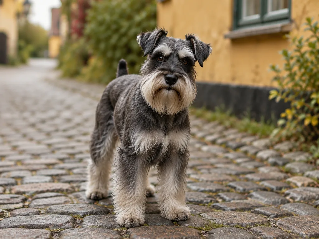 Salt och peppar-färgad dvärgschnauzer med karaktäristiskt skägg och ögonbryn