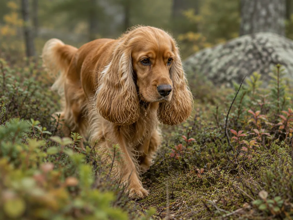 Guldfärgad engelsk cocker spaniel springer glatt genom hög äng