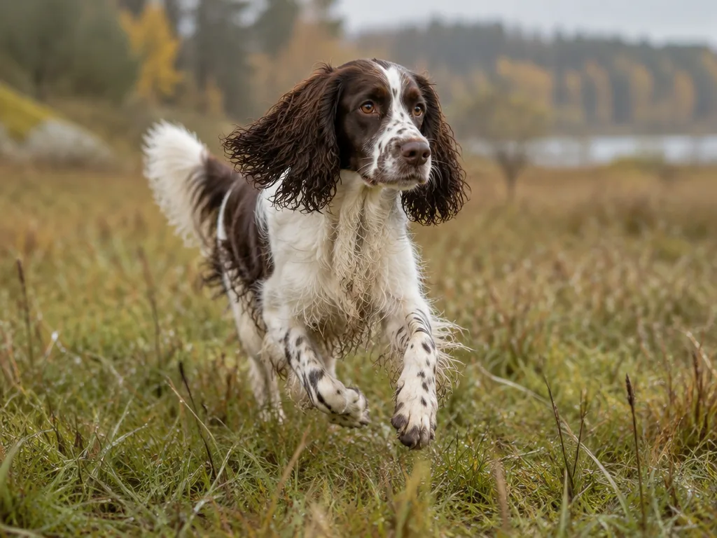 Lever och vit engelsk springer spaniel som springer glatt genom högt gräs
