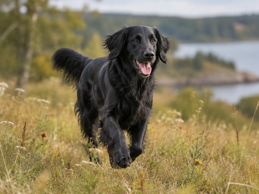 Svart flatcoated retriever med viftande svans som apporterar i vatten