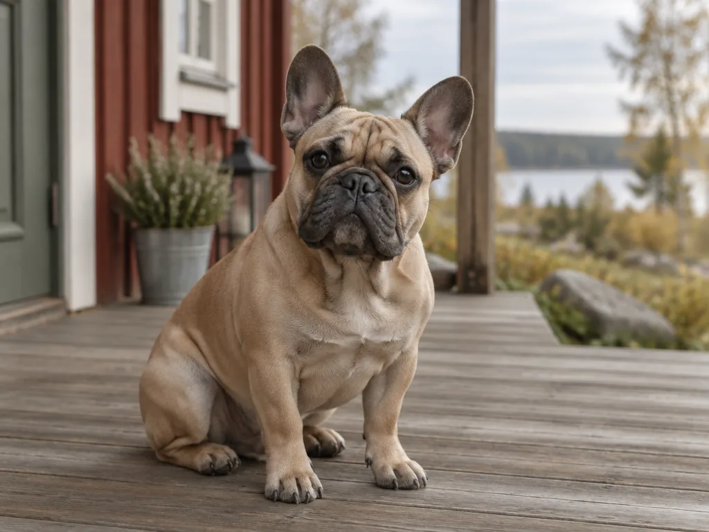 Fransk bulldogg med fladdermusöron sitter och tittar in i kameran