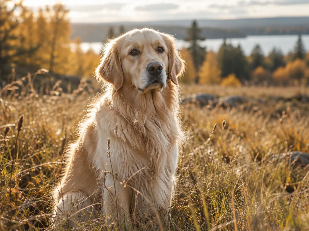 Golden retriever med gyllene päls sitter i höstlöv