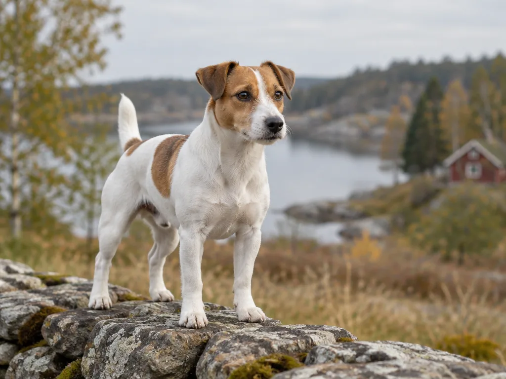 Vit och brun jack russell terrier springer med öronen bakåt