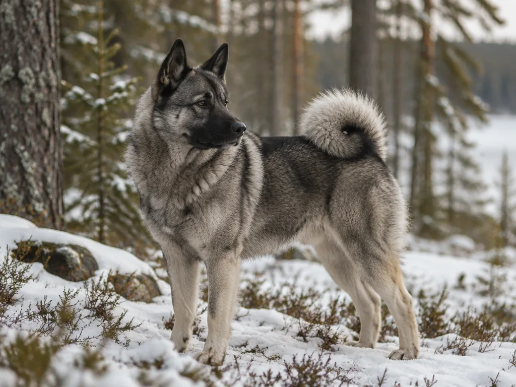 Vargrå jämthund som står vaksamt i snötäckt skogsterräng