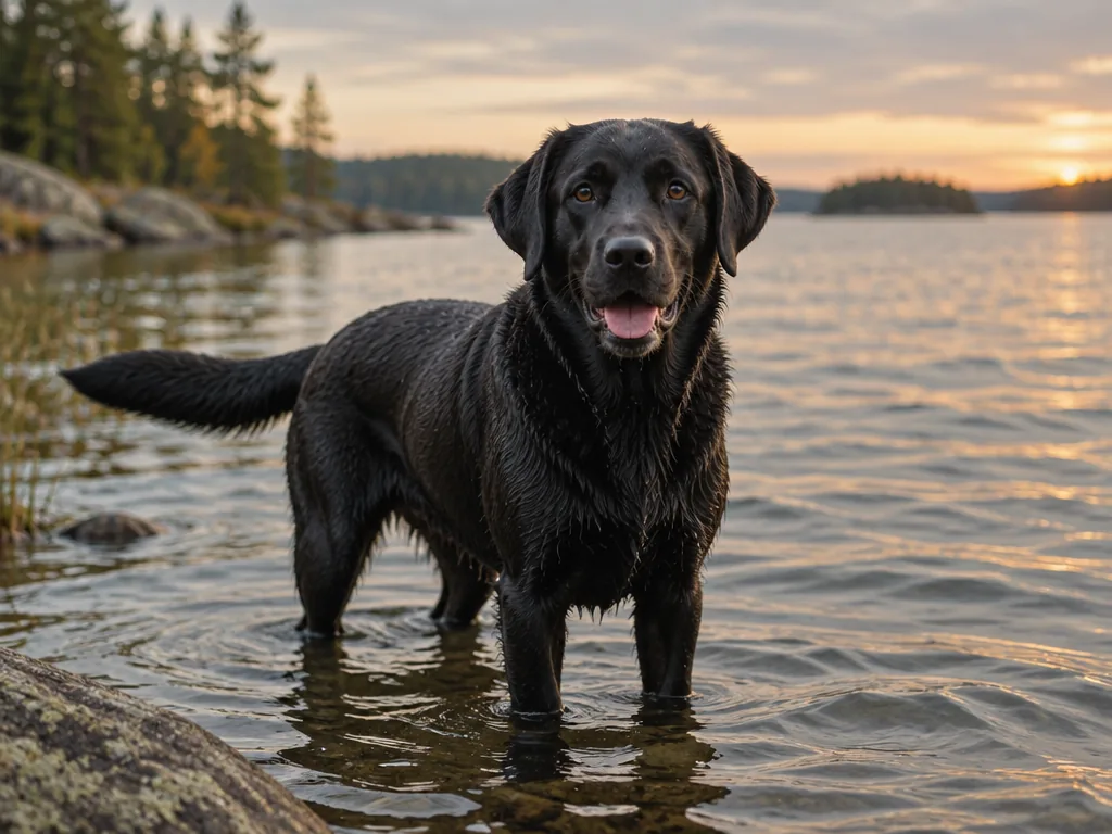 Svart labrador retriever i vått gräs vid en sjökant
