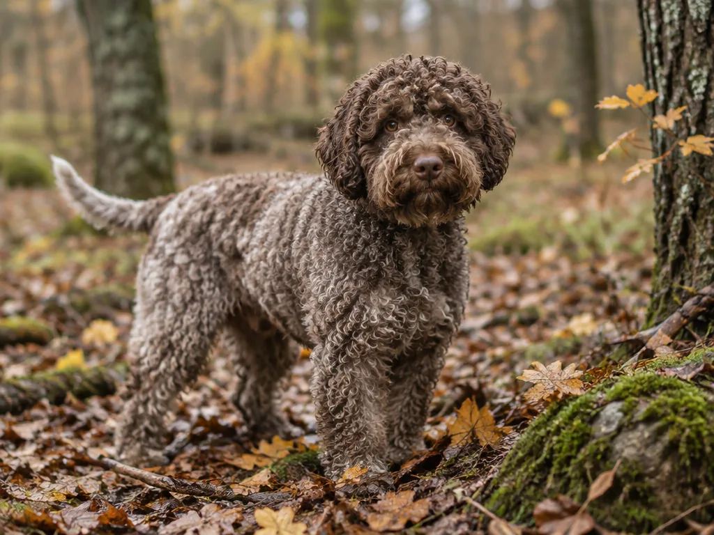 Off-white lagotto romagnolo med tät lockig päls som sniffar i gräset