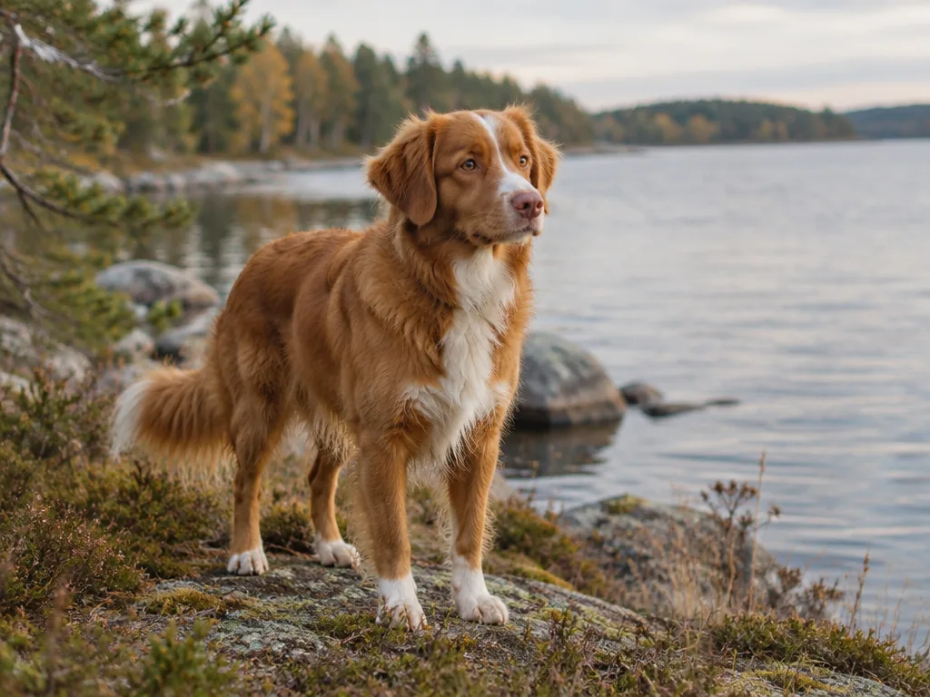 Rödgul nova scotia duck tolling retriever som apporterar en trädgren vid en strand