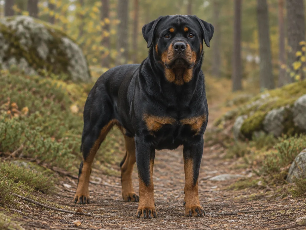 Rottweiler med svart och rostbrun päls som sitter uppmärksamt utomhus
