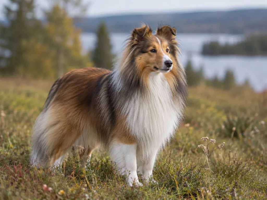 Sobelfärgad shetland sheepdog springer i högt gräs