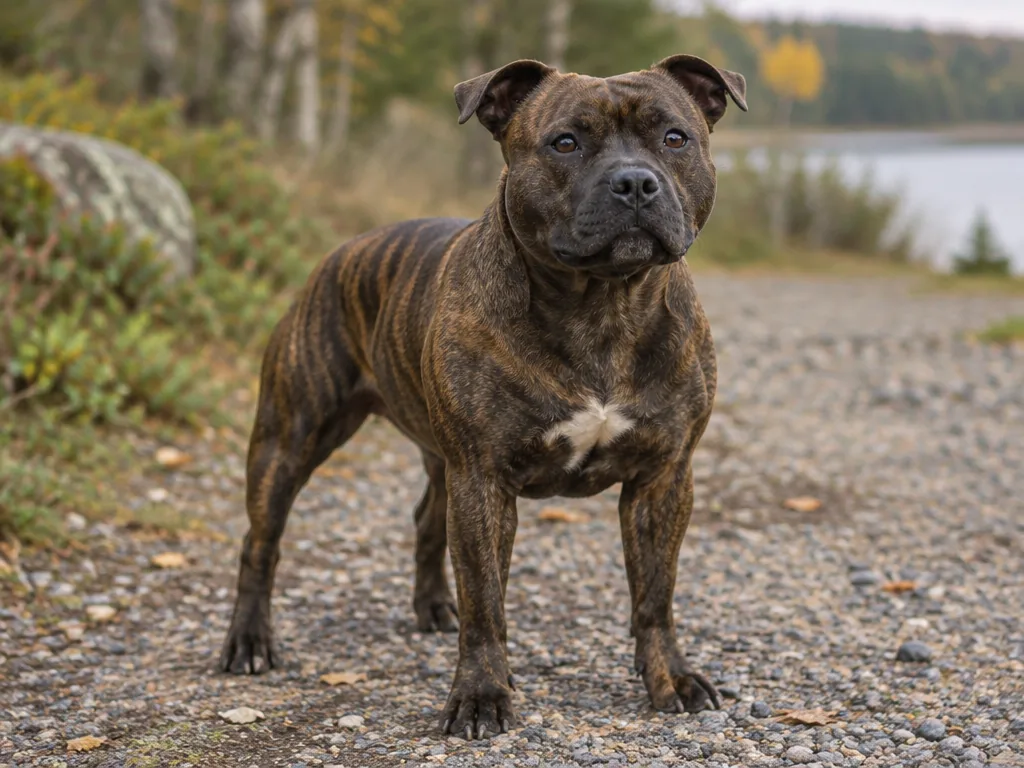 Brindlefärgad staffordshire bullterrier ler brett i en trädgård