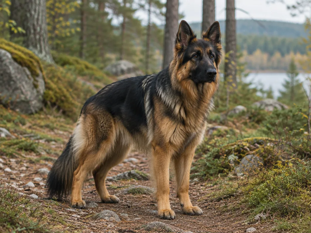Tysk schäferhund med rest öron står vaksam i skogsmiljö