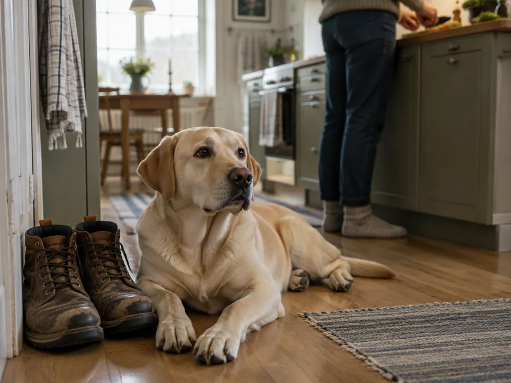 Gul labrador som ligger på ett kökgolv bredvid ett par slitna kängor