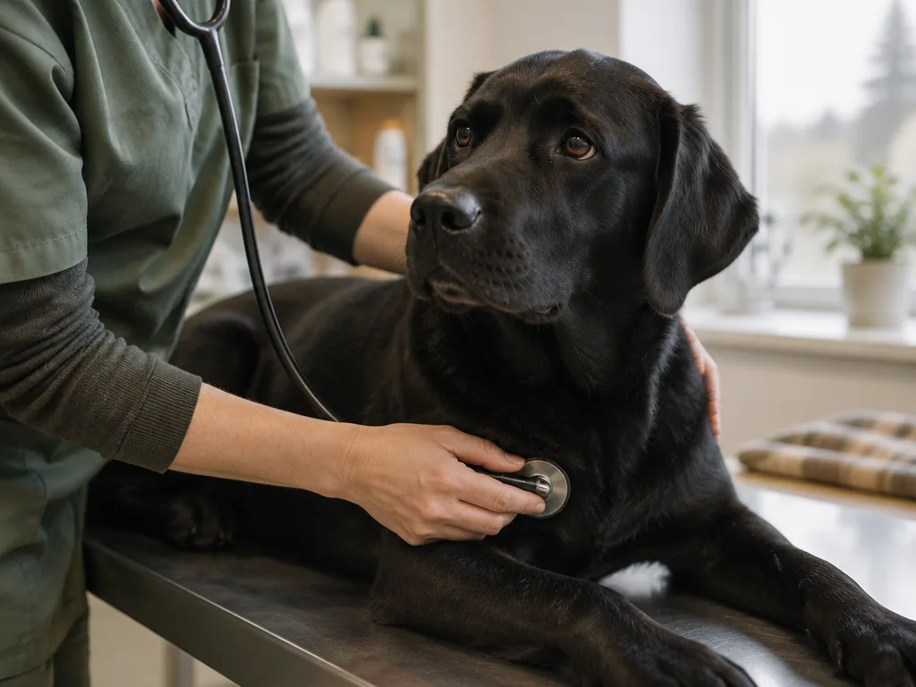 Veterinär som lyssnar på en svart labradors bröstkorg med stetoskop